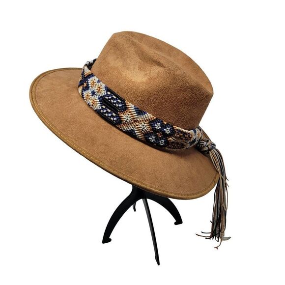 Vintage La Sierra Suede Western Cowboy Hat Camel Brown Aztec Tapestry Band Boho - Picture 2 of 13